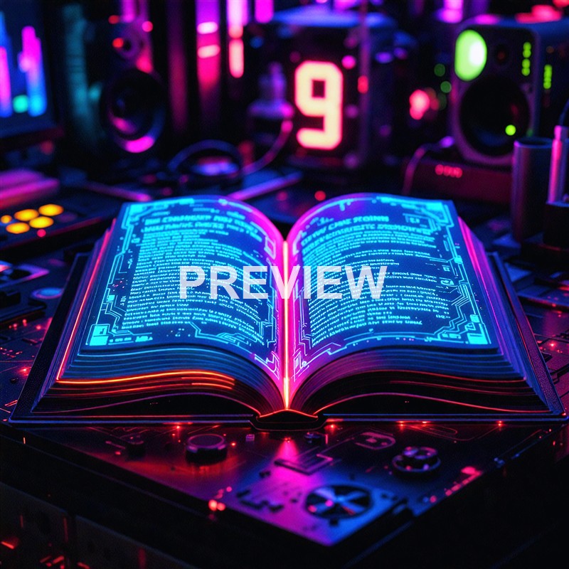 A futuristic digital book displaying bright blue text and graphics, set against a background of electronic equipment and colorful neon lights, creating a cyberpunk or sci-fi atmosphere.